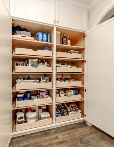 A kitchen pantry with a lot of shelves and drawers.