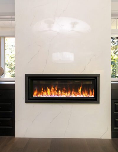 An electric fireplace in a living room.