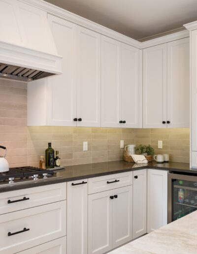 Modern kitchen interior with white cabinetry, black countertops, and a built-in stove.