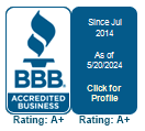 BBB Accredited Business seal displaying a rating of A+ and accreditation since July 2014, valid through May 2024, with a link to the business profile.