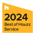 Yellow badge with "2024 Best of Houzz Service" written in black and white text.