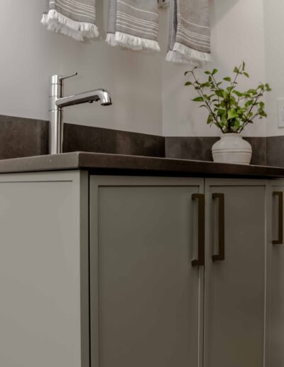 Kitchen countertop with a gray cabinet, silver faucet, potted plant, and hanging towels with fringe.