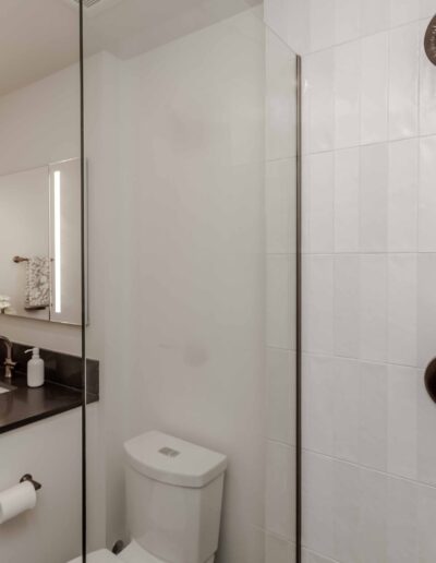 Modern bathroom with a glass-enclosed shower, rainfall showerhead, white tiled walls, a vanity with a black countertop, and a toilet.